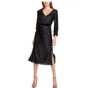 Betsey Johnson‎ Sequin Double Slit V-Neck Long Sleeve Midi Dress Black Size M